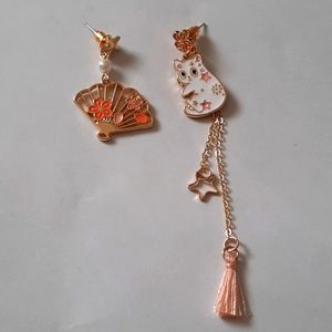 S925 Kawaii Cat and Japanese Fan Long Dangle Earrings